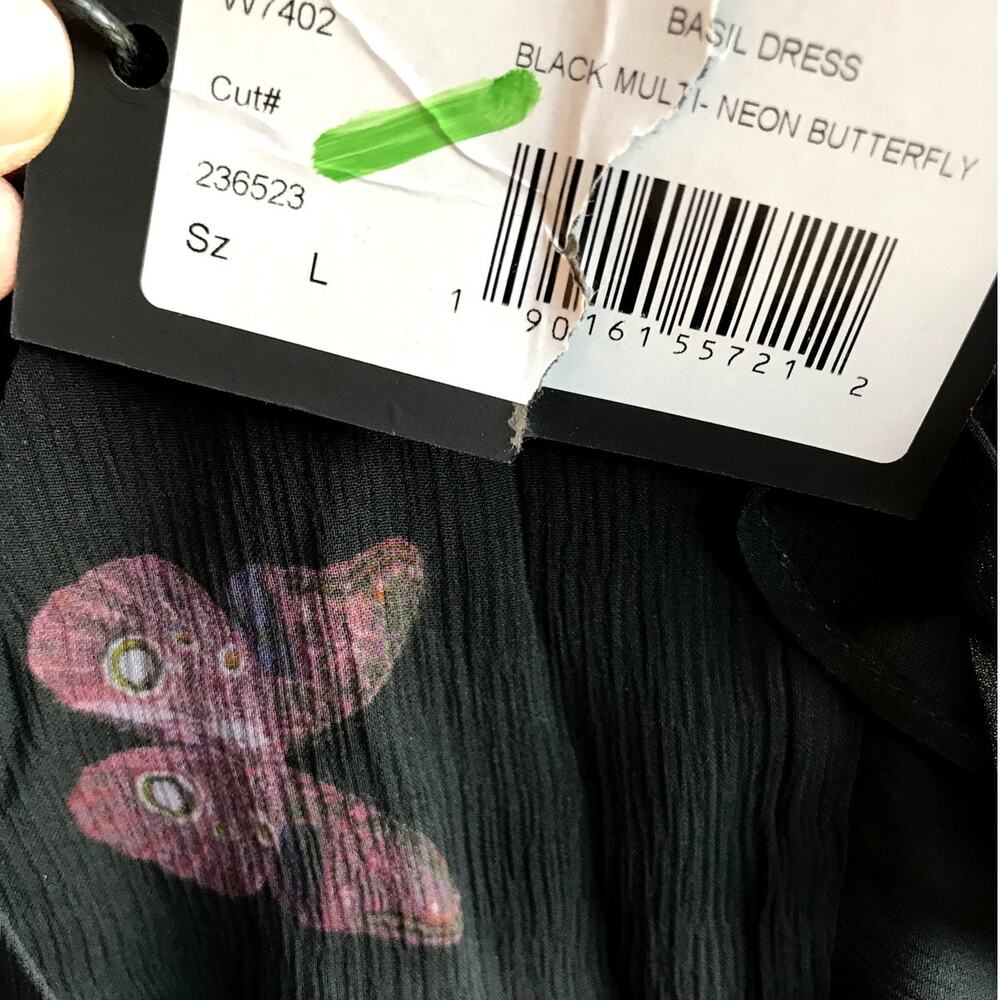 NWT Paige Black Butterfly Print Silk "Basil" Dress with Drawstring Waist size L - Picture 8 of 9
